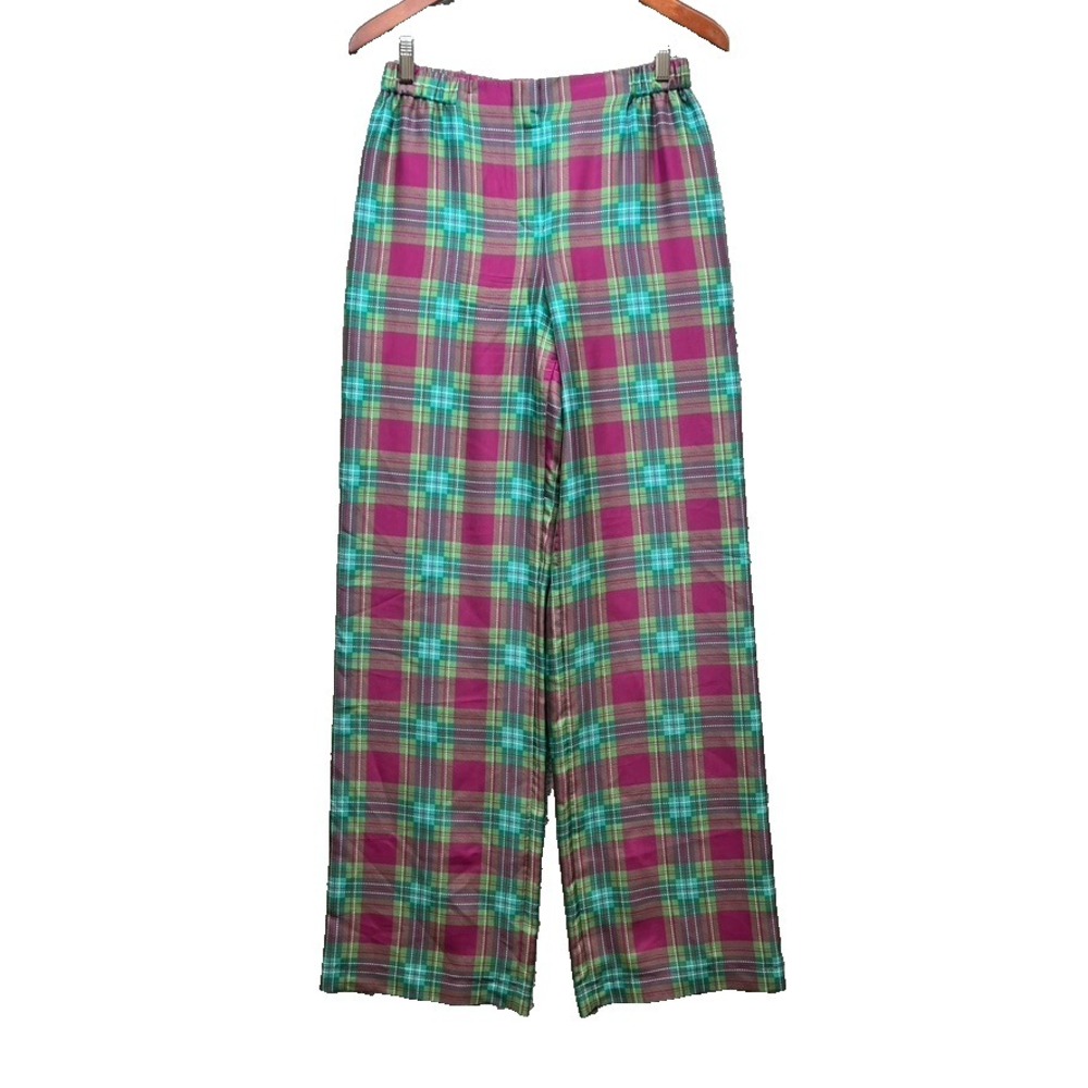 Alberta Ferretti Silk Pants Womens 4 Tartan‎ Plaid Burgundy Green Holiday